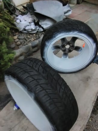 PAINTING THE WHEELS WHITE, the over spray is intentional