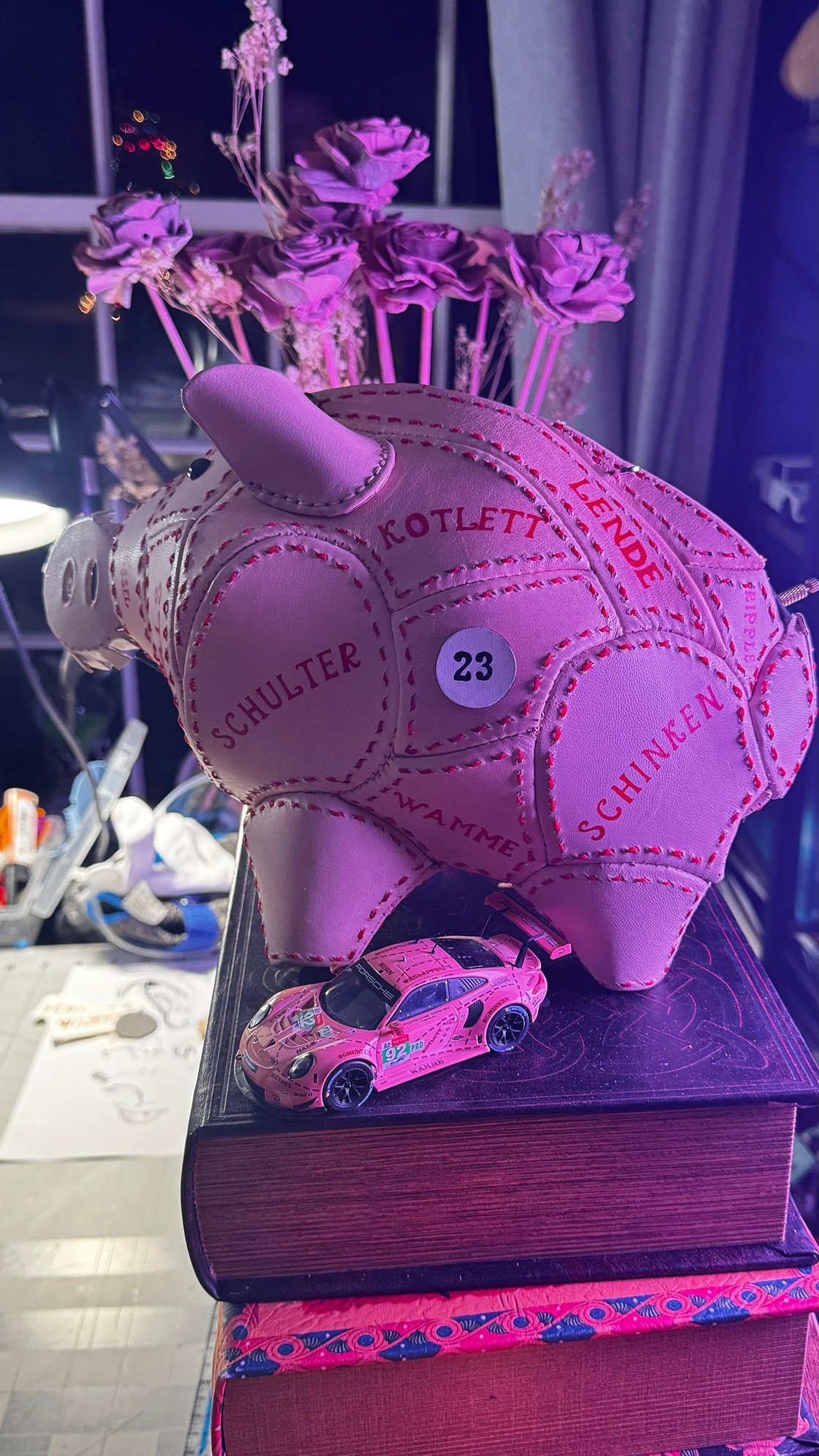 Posing with the Pink Pig mini car