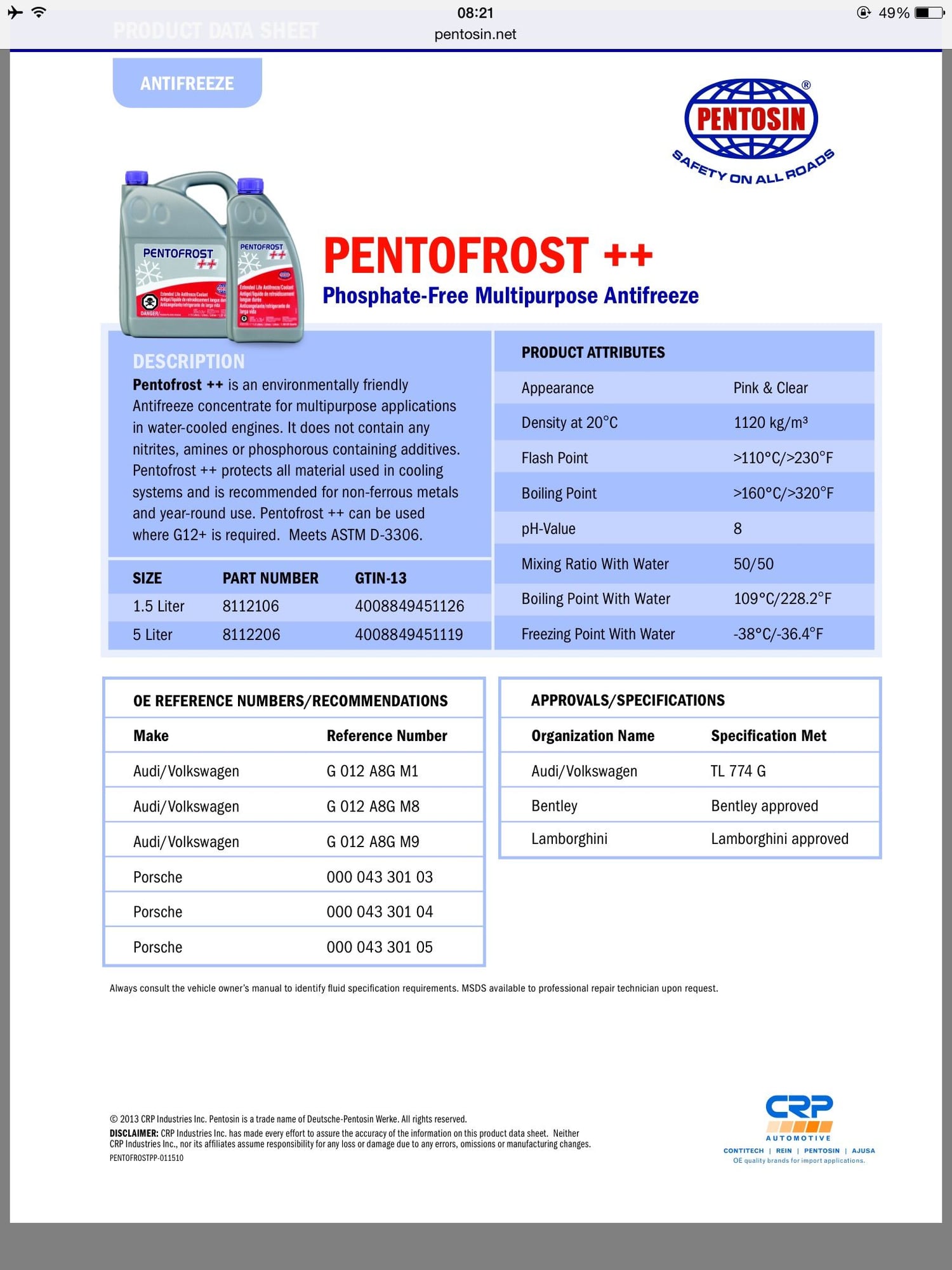Pentosin Pentofrost ++ Extended Life Antifreeze/Coolant 1.5 L