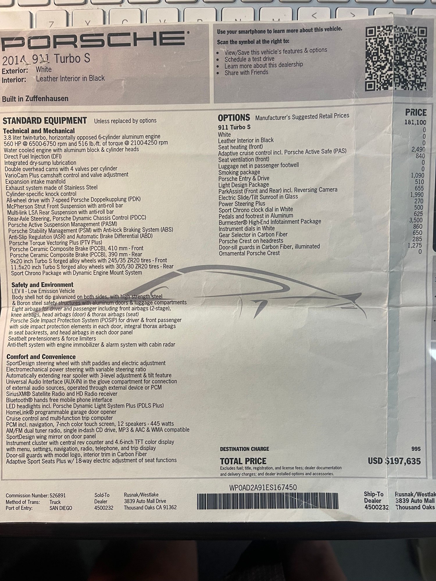 2014 Porsche 911 - Porsche 911Turbo S Lots of extras (Ordered this car) - Used - VIN WP0AD2A91ES167450 - 65,250 Miles - 6 cyl - AWD - Automatic - Coupe - White - Thousand Oaks, CA 91360, United States