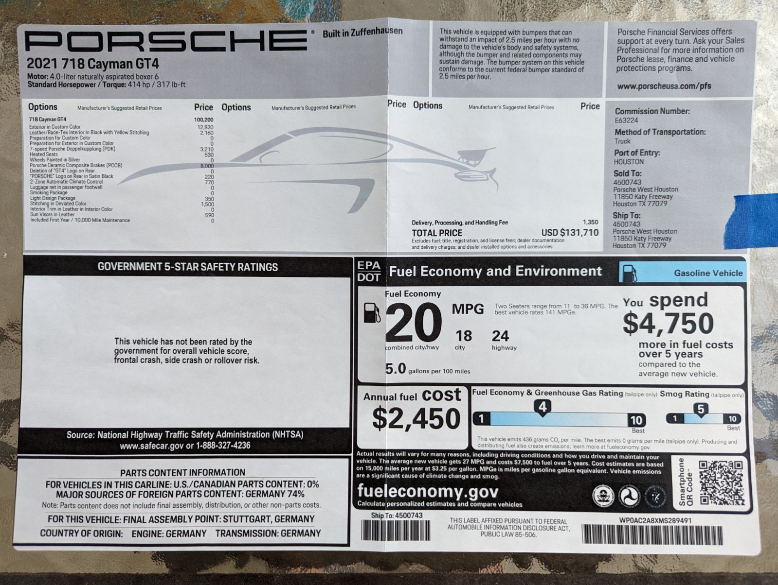 2021 Porsche 718 Cayman - For Sale: PTS Riviera Blue 2021 718 GT4 with PCCB, PDK, Sofa - Used - VIN WP0AC2A8XMS289491 - 6,000 Miles - 6 cyl - 2WD - Automatic - Coupe - Blue - Marietta, GA 30062, United States