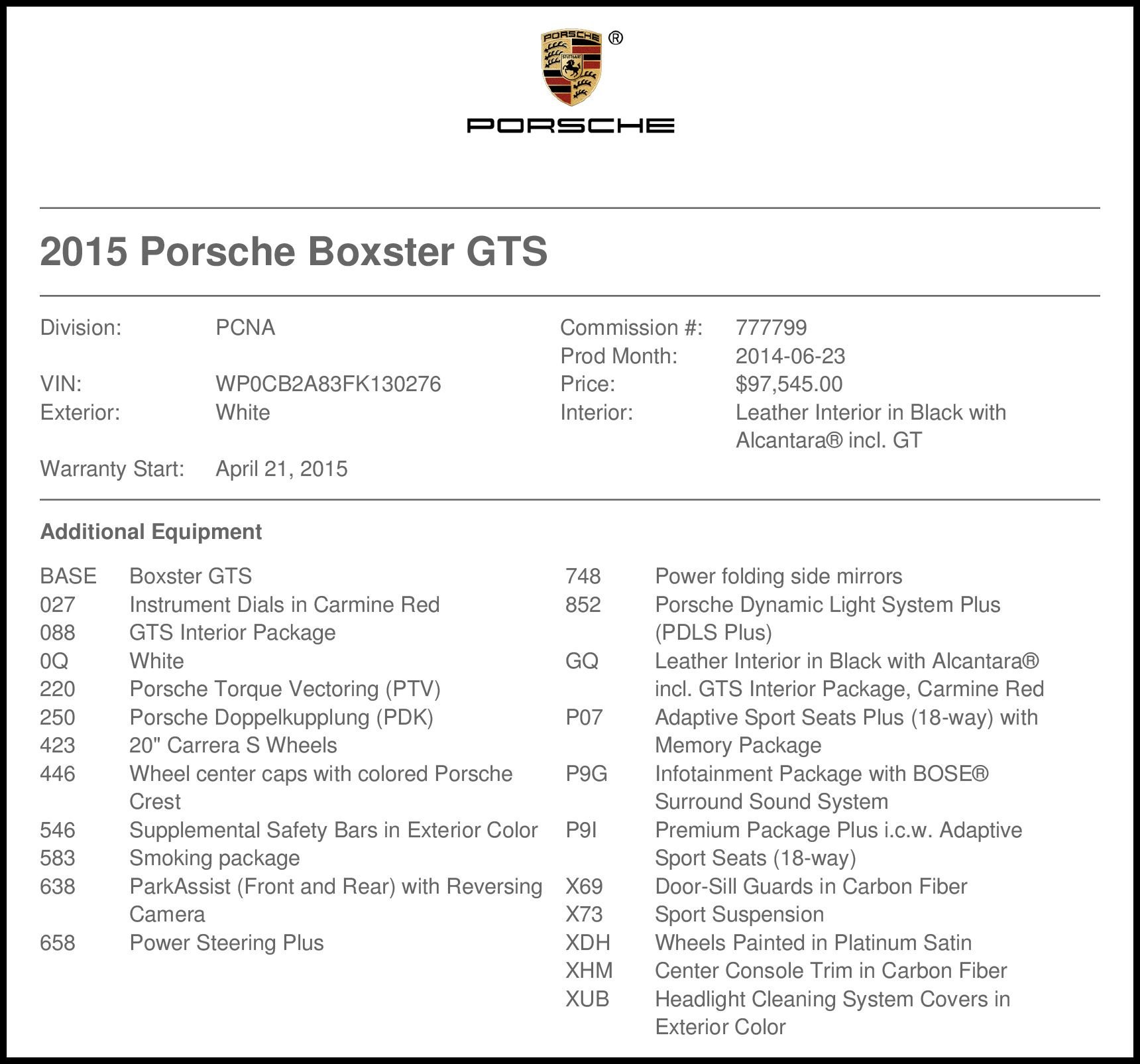 2015 Porsche Boxster - CPO 2015 Porsche Boxster GTS (PTV, X73, PDK, 18-Ways, Premium+, $97K MSRP) - Used - VIN WP0CB2A83FK130276 - 21,763 Miles - 6 cyl - 2WD - Automatic - Convertible - White - Athens, GA 30621, United States