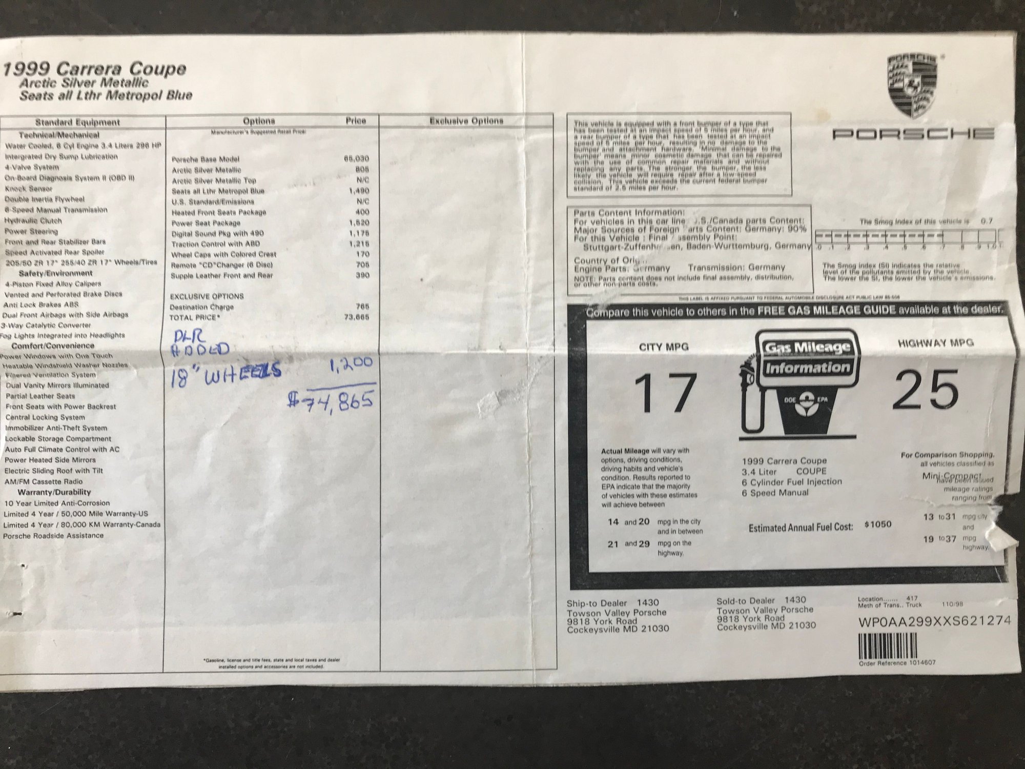 1999 Porsche 911 - 1999 Arctic Silver 911 6 speed manual - Used - VIN WP0AA299XXS621274 - 62,000 Miles - 6 cyl - 2WD - Manual - Coupe - Silver - Lewes, DE 19948, United States