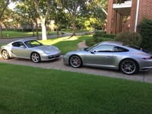 My Cayman S in Arctic Silver with standard silver wheels, and GTS in GT Silver with GT Silver wheels