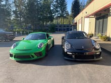 991.2 GT3 finished in PTS Viper Green next to my 997.1 GT2 finished in Basalt Black Metallic