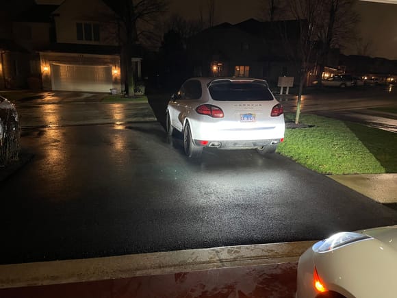 This is the final result with both LEDs in. This was the most important picture to me. I wanted to make sure the light was clean against my cayenne just like the HIDs were so that I’m not blinding people I’m behind or oncoming. This was pretty convincing evidence that it’s almost exactly the same as the HID bulbs.