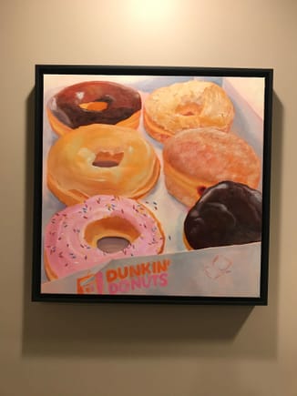 My sis is an artist. I’m not a huge fan of Dunkin, or donuts in general, but I like the whimsy of this piece 