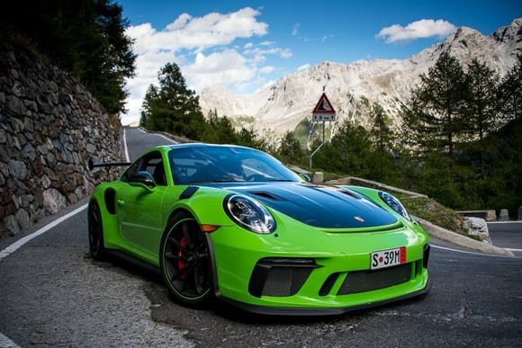 At Stelvio Pass.  I’m not digging the green stripe on wheels and wouldn’t order again in retrospect; otherwise this car is awesome.  I was nervous getting rid of my 991.1 RS for this one, but after a week in the Alps and 2 days at Spa I am thrilled. Anyone upgrading at MSRP will be very happy. 


