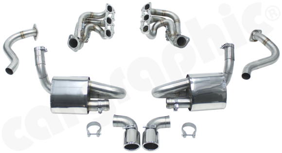 Cargraphic 981 "Cup" Muffler System (PHOTO SHOWN INCLUDES HEADERS - AVAILABLE WITHOUT MANIFOLDS OR WITH MANIFOLDS)