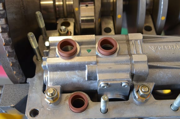 Closeup of the GT3 Oil pump...  The tabs were not fully in place around the nuts in this photo :)