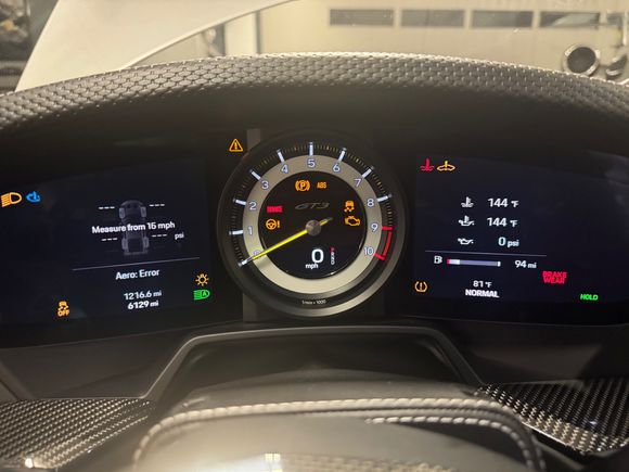 this is the RS track display - notice 3 lines of date on the right display, ie water temp, oil temp, and oil pressure. Also note the Aero: Error display under tire pressure. 