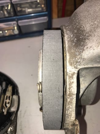Friction surface of parking brake shoe. New, and NOT delaminated. Which is what started this downward spiral 3 years ago...