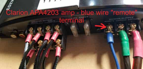 This shows the amp connections, specifically the terminal labelled "Remote" (connected to a blue wire) that I do not know what it should be connected to on the new radio head.