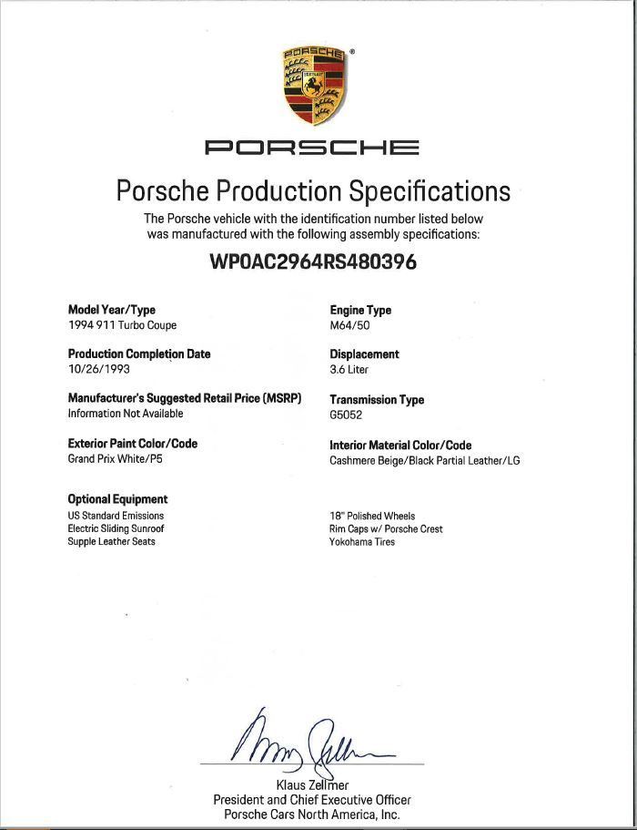 1994 Porsche 911 - 1994 Porsche 911 Turbo 3.6 - Original and Nearly Flawless - Used - VIN WP0AC2964RS480396 - 51,896 Miles - 6 cyl - 2WD - Manual - Coupe - White - Jacksonville, FL 32224, United States