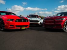 From left to right: Boss 302 (owned by IB Auto Editor Michael Palmer) Mach-E 1400 and Mach-E Premium with Standard Range (RWD)