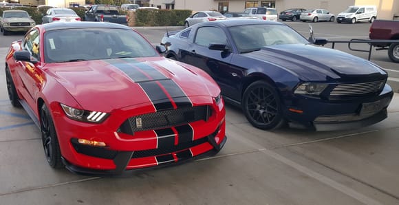 My 2016 gt350 with my 2011 GT (my trade in).    The GT350 is a quantum leap over the old GT with Brembo Package.