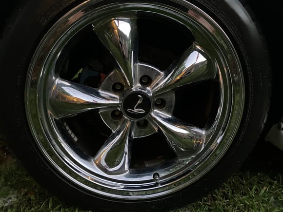 This is a photo of one of the wheels that were on my Mustang Gt coupe when I purchased it a few days ago. The wheels are 17”X9” highly polished chrome Topline wheels #1119-679 with the cobra caps. I have never seen them before and I have owned 15 Mustangs since 1973. I emailed the company that supposedly supplied them at one time just to find out the history but have gotten no response. If you were to buy the look a like wheels from American Muscle and the caps from eBay that alone would be 1800