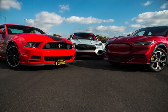 From left to right: Boss 302 (owned by IB Auto Editor Michael Palmer) Mach-E 1400 and Mach-E Premium with Standard Range (RWD)