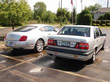 Silver is in the air! My 1997 Volvo posing with a 2010 Bentley Continental GT AWD rear view.