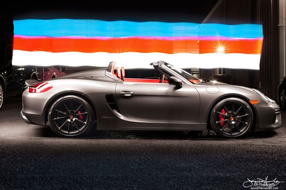 2016 Porsche Boxster Spyder in Agate Gray with an extended fuel tank, Bose, and Bi-xenons.