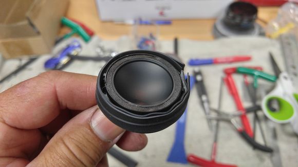I then wrapped the circumference of the tweeter with thin silicone adhesive weatherstripping so that once I squeezed it into the clips it would be held securely and not vibrate or rattle.