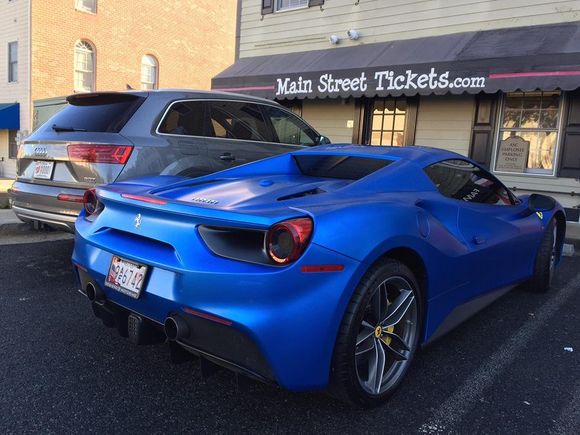 Matte Blue Ferrari 488 GTB Spider spotted in Gaithersburg, Maryland. What a gorgeous color on this beauty. Credit to Carson Schalk.
