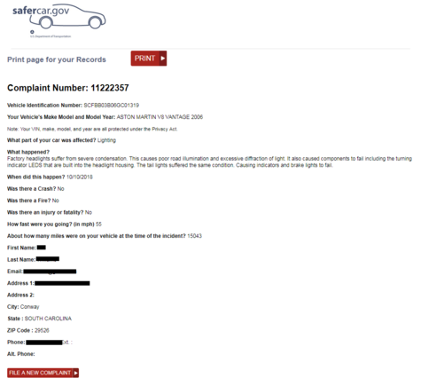 NHTSA complaint - 2006 AM v8v Headlights & Tail Lights