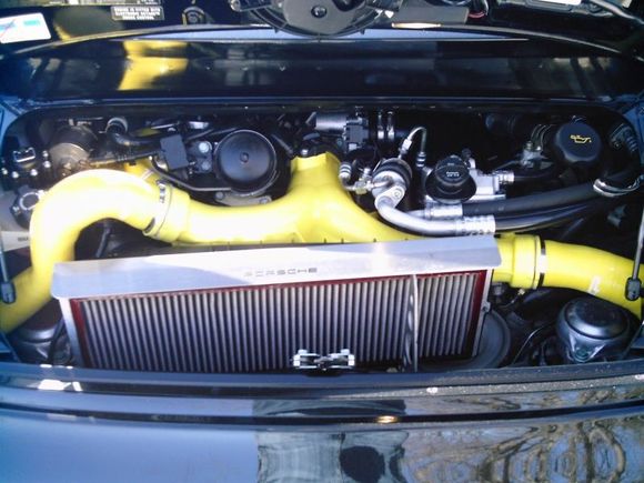 Safety yellow powder coated air intake to match Agency Power Yellow Silicone Boost Hoses, Billet Diverter Valves and Fabspeed Airbox