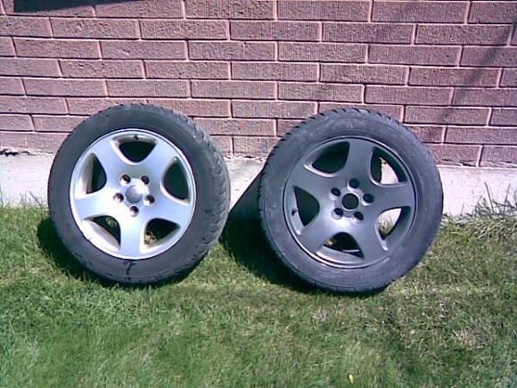 Painting rims. Before and after side by side. Sorry, no "progress pics," just shots of the wheels and the wheels on the car.