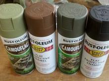 paint used- also used the dark brown will replace photo later
Rust-Oleum-Deep Forest Green-Base coat

used only 5 cans of spray paint for camo colors = 3 hours.