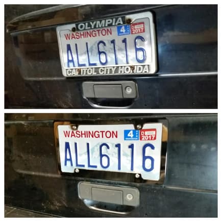 I hate sales lot license plate frames! The new one is black chome.... nice and shiney for those early morning tailgaters :)