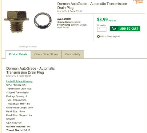 AW4 Drain Plug - Dorman