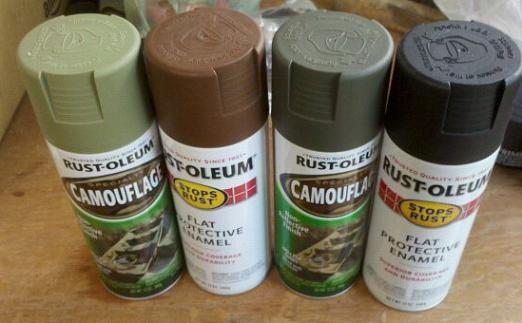 paint used- also used the dark brown will replace photo later
Rust-Oleum-Deep Forest Green-Base coat

used only 5 cans of spray paint for camo colors = 3 hours.