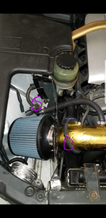 So from reading the hoses circled are reicurculared back into the intake before the maf sensor so that is a place to put one to help keep the maf clean, also i probably should put one on the other side were i have the pcv valve circled so maybe get a 2nd catch can and install and inline filter for each separate