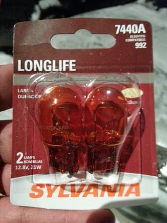 Sylvania "long life" amber colored 7440 bulbs...