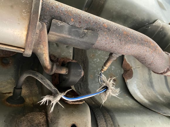 I noticed the factory sensor has an insulating rubber hose around the wiring that’s clamped on both ends and has a small plastic clip that attaches to the exhaust hanger. As you can see this one is aftermarket. 