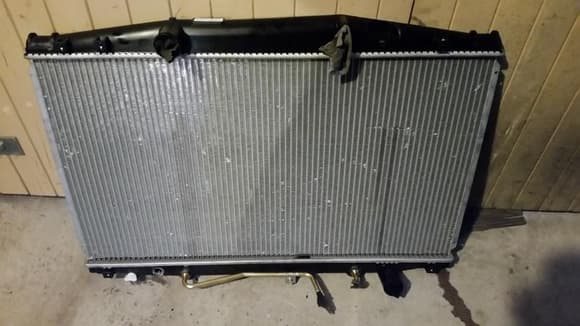 The failed Denso radiator after the 1st start/coolant bleed, appeared to be an internal leak as seen on either side. May have it repaired in the future.