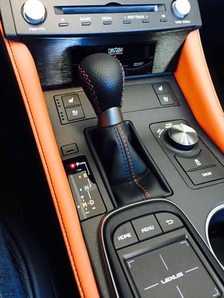 Notice the orange and blue stitching on shift knob and shift boot 