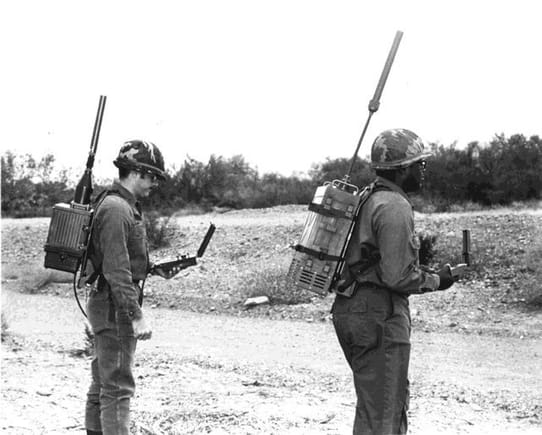 Two Soldiers test early models of GPS manpack receivers in 1978. (U.S. Air Force photo)