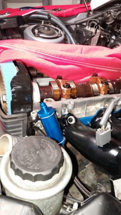 Pere is a pic showing the lower runner installed, heat exchangers/spacers, T-belt, and the -4 AN Earls inline oil filter
