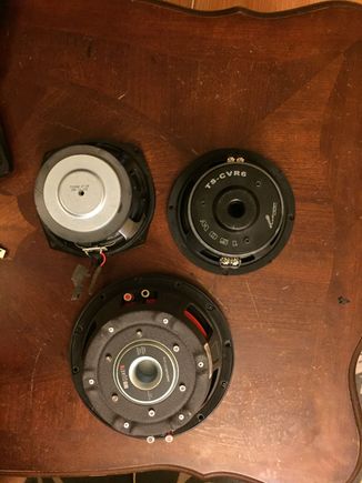 Here is the backside of the speakers.  As you can see, the GX470 subwoofer that I have is single voice coil.  I'm not sure if it is 8ohm or 4ohm.  When I hooked up all of the speakers to the raw wires, the stock and Audiopipe subwoofers move about equally.  The MBQuart subwoofer moves with noticeably more "oomph"