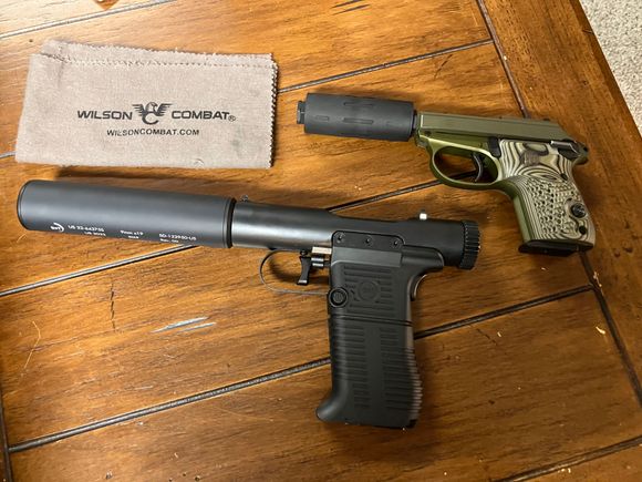 Two cool wipe can guns I just picked up, top one is modded so the safety doesn't act as a safety anymore and only keeps the slide locked. That way it's a locked action/manual cycle gun. Bottom is bolt action and the quietest center fire handgun, a hand clap is much louder 