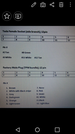 Tesla female 12 pin. Only 5 cables.
Factory male plug. Only 11 cables.
Factory Male Pin #1= Left upper corner.  Reading from Left to Right. Male connector with tab up.