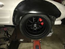 Wheel at ride height fits well. I thought the Wilwood brake kit would add 3/4” to each wheel, but no it is in almost the exact same place as the drums. 