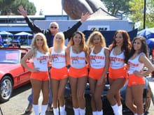 Tom "Photo bombing" the Hooters girls in front of our car.  Fun Dude!