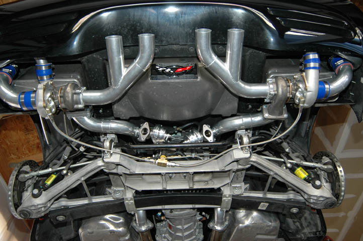 STS rear-mounted twin turbo kit installed on a C5. 