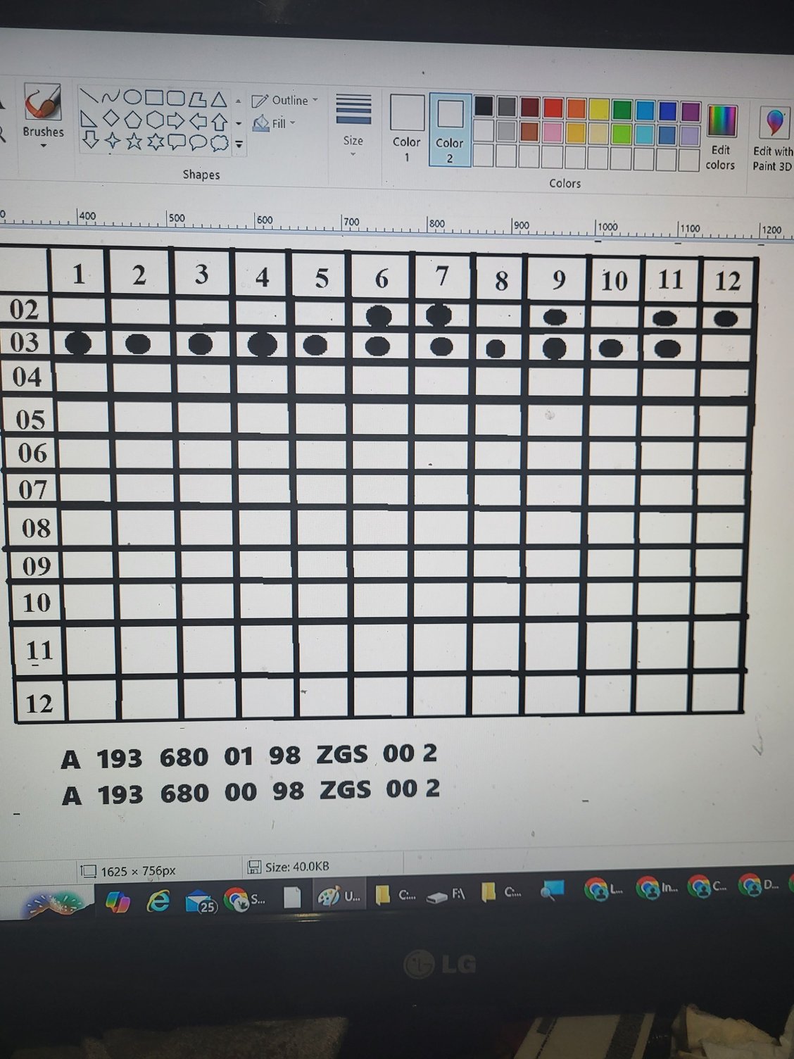 This is what the chart says. The black dots were burned in like from a soldering pen.
