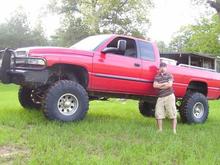 My first dodge

2001 3/4 ton diesel. 9 inch lift,40 inch irocs,125 HP. injectors,120 HP. superchips,cold air intake,4 inch exhaust.