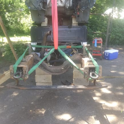 Setting new front section of frame with arc welding and grade 8 bolts/ lock washers as per FORD specifies for proper repair at factory joint of frame rail sectioning