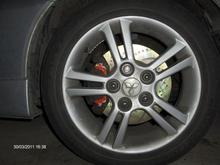 EBC Brakes, Rotors and pads (red stuff), with 16" wheels.